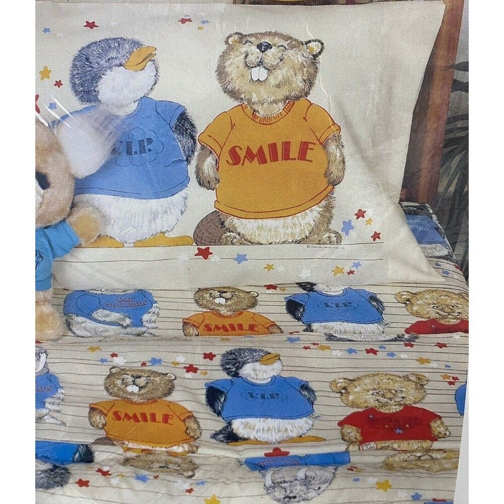 NOS NEW 1980 Shirt Tales 3 Piece Twin Set Flat Fitted Sheet Pillowcase Danville - Picture 4 of 7